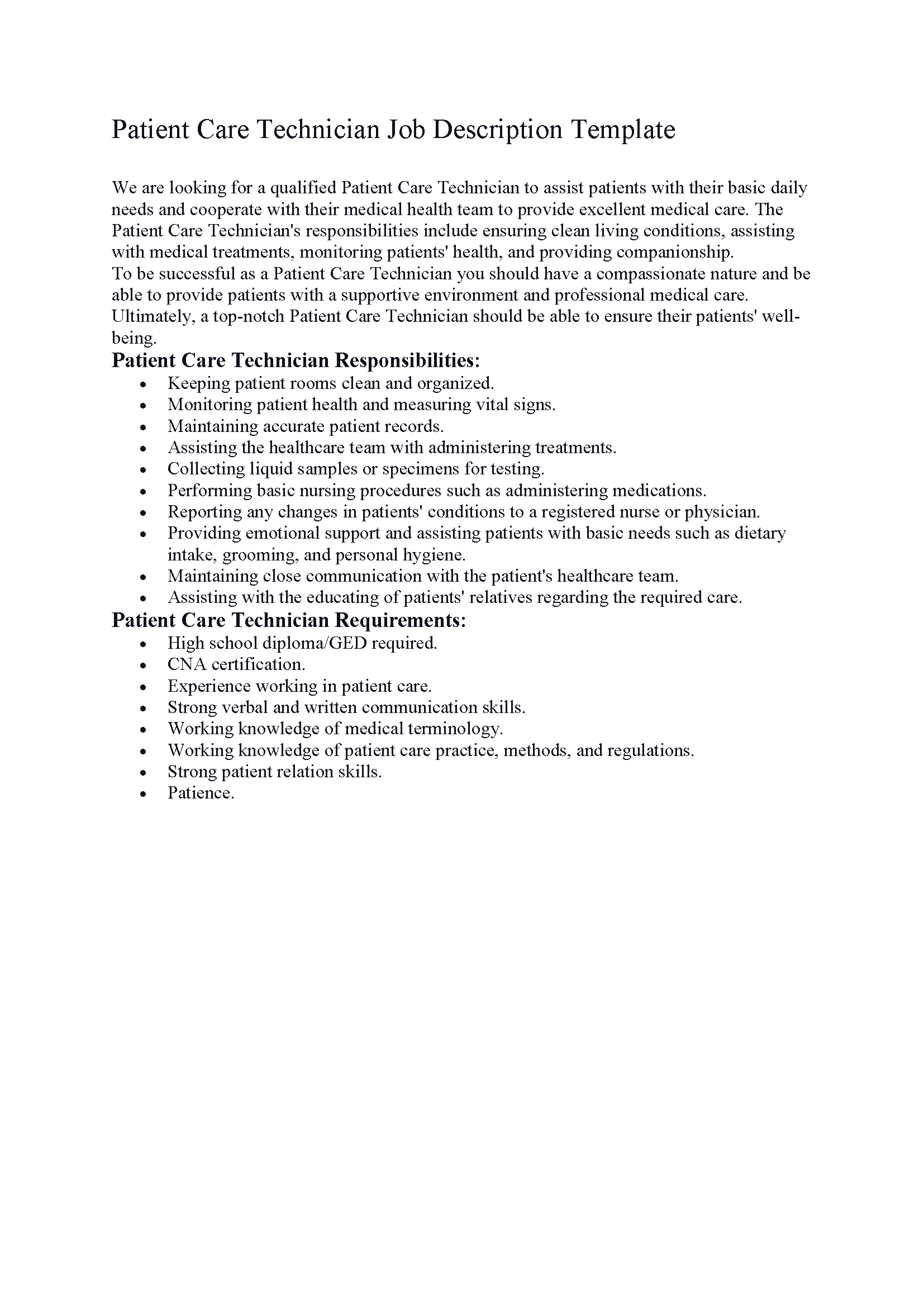Patient Care Technician Job Description Template